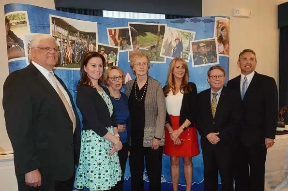 Jonathan Duncklee and fellow honorees Tom Kazprzak Alison Keating Suzanne Colon Jenny Kitsen Lori Dufficy and Bob Reed posing at BSA 24th Annual Outstanding Leadership Award Dinner at Spa at Norwich Inn Connecticut 2019
