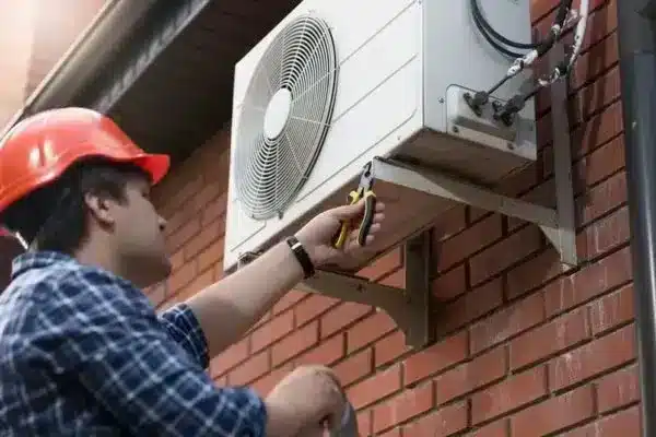 VAC technician repairing an outdoor AC unit.
