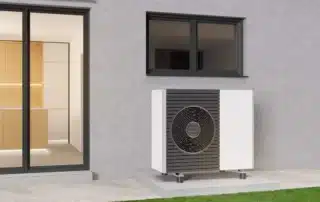 Modern white and grey heat pump outdoor unit installed on concrete pad beside contemporary home exterior with glass doors and green lawn in New England spring