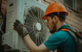 HVAC technician wearing orange hard hat and gloves installing outdoor condenser unit on exterior wall of Connecticut residential home
