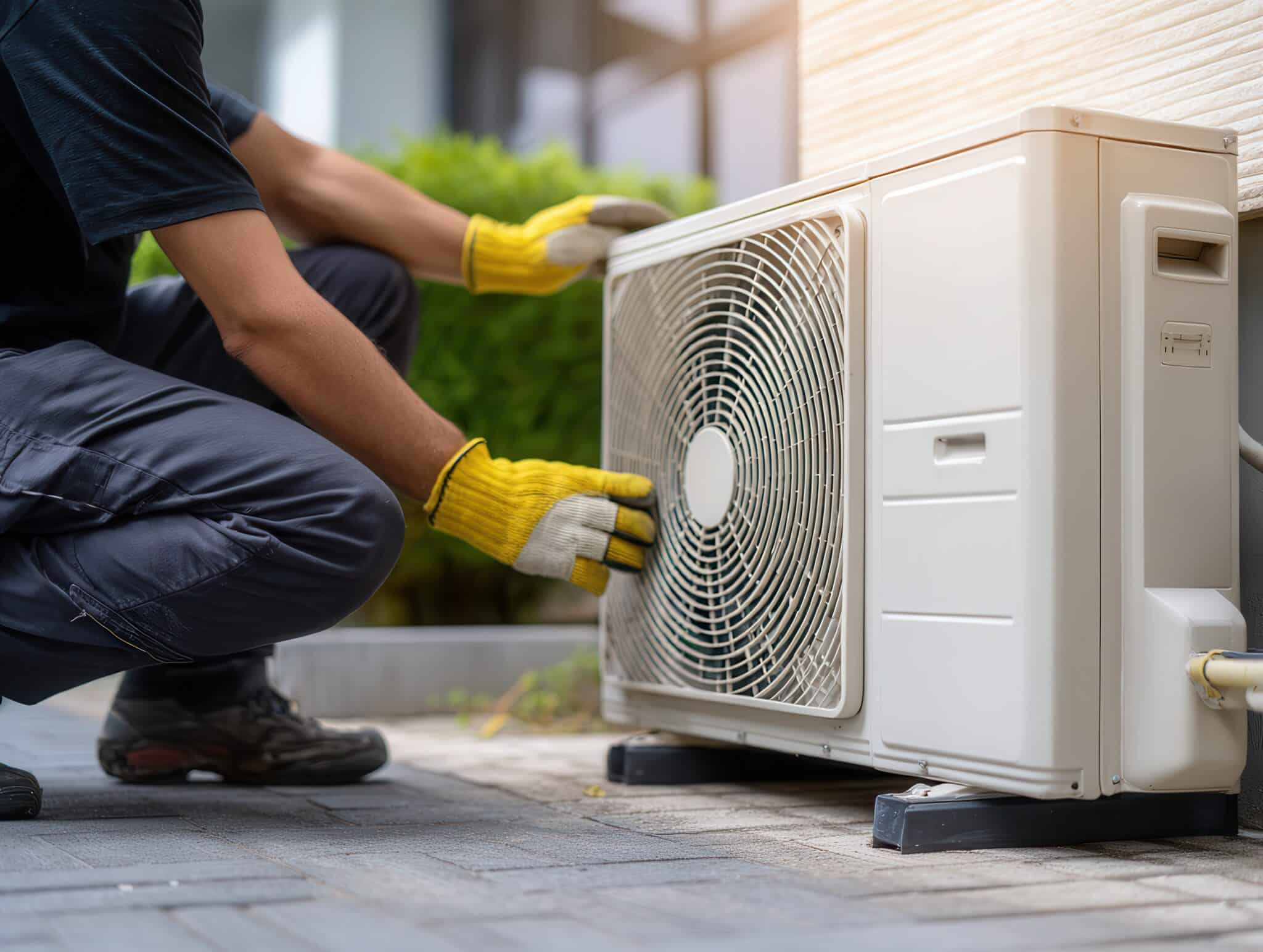 technician in work clothes and yellow gloves installing a heat pump unit next to a residential building