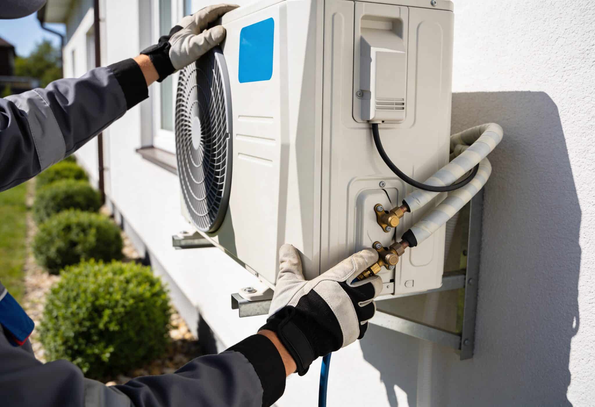 A technician wearing gloves is installing or servicing an outdoor climate control unit on the exterior wall of a residential building, connecting pipes.