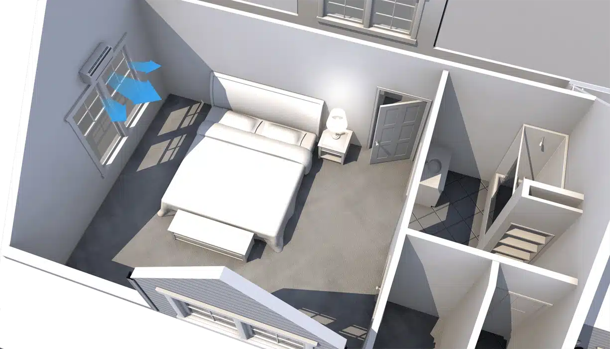 Illustration on Mitsubish ductless system shown during ductless air conditioning at New England