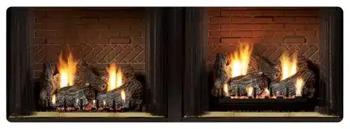 gas-logs-fireplace-installation-connecticut Gas fireplace with realistic flames and logs against brick backdrop