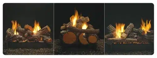 gas-logs-fireplace-styles-connecticut Gas fireplace with realistic flames and logs in three different settings